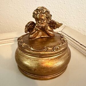 Academia Aesthetic Small Antique Gold Painted Cherub Trinket Box Jewelry Holder